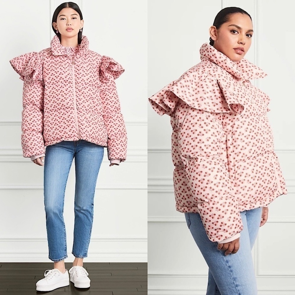 HILL HOUSE Pink Floral Ruffle Shoulder High Neck Quilted Down Puffer Coat XL